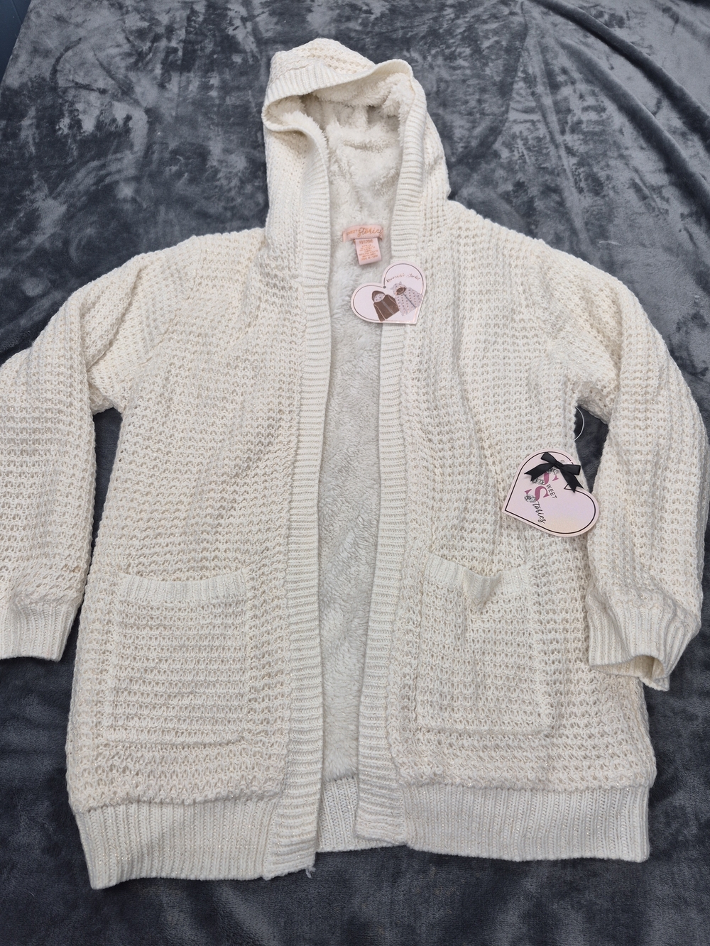 SWEET STORIES GIRL Cream Open Front Cardigan Waffle Knit Ultra Soft Plush 10/12
